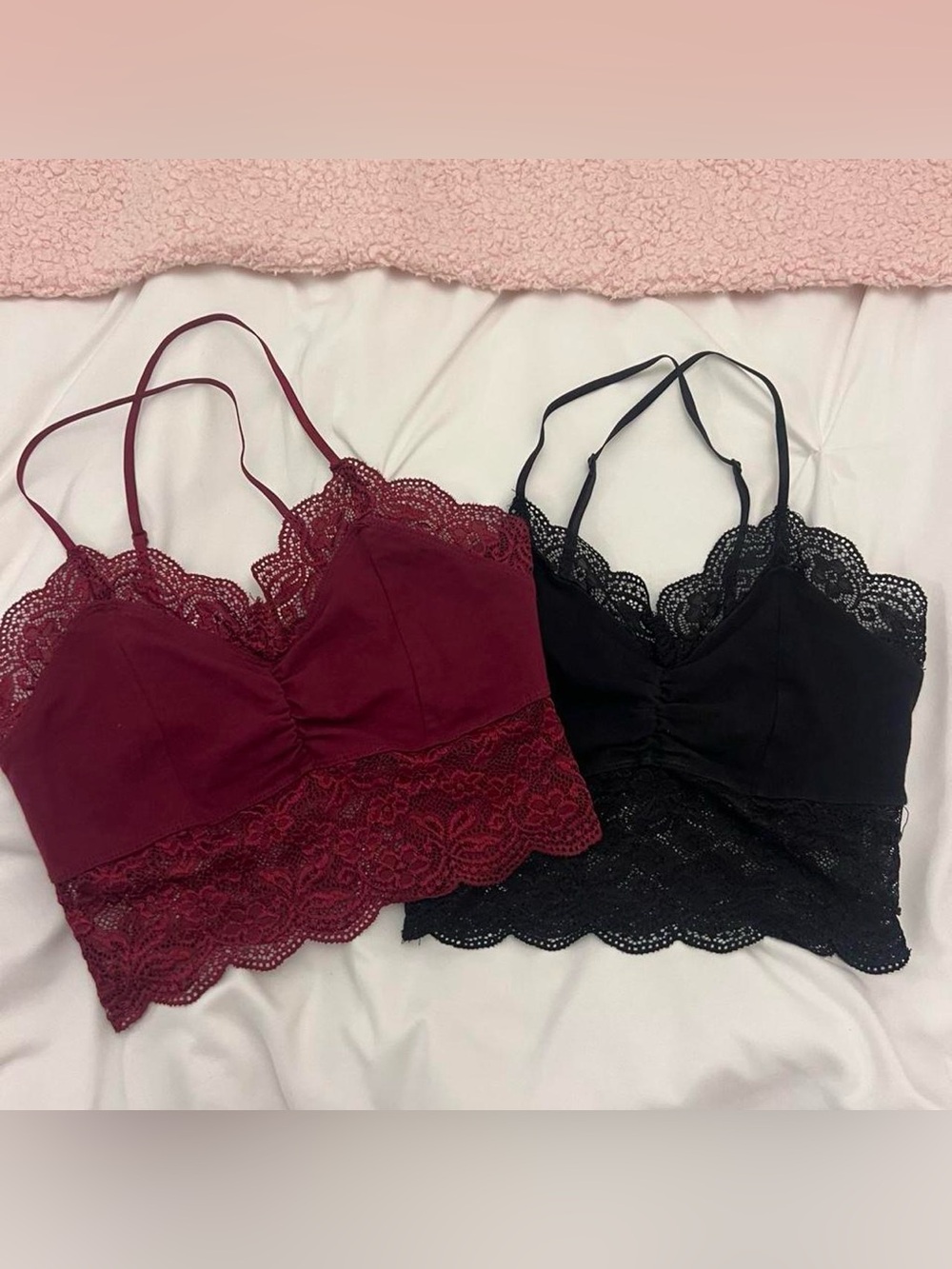 Lace Trim Bralette Crop Top Bundle Set- Burgundy & Black